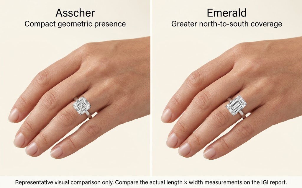 Asscher-style and emerald-cut diamond rings compared on the same hand