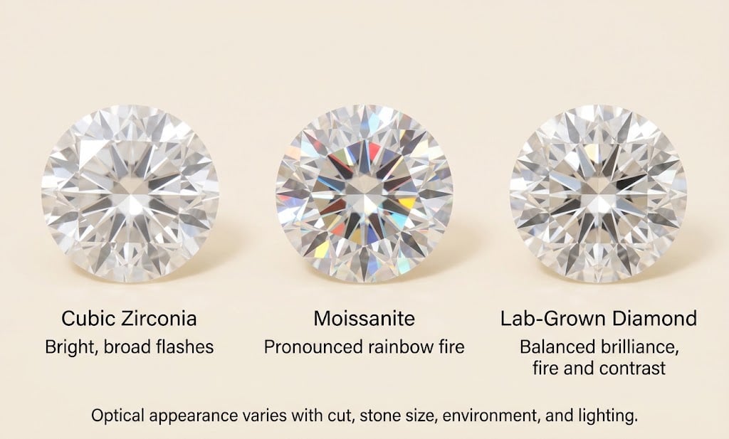 Sparkle of cubic zirconia, moissanite, and lab-grown diamond under the same lighting