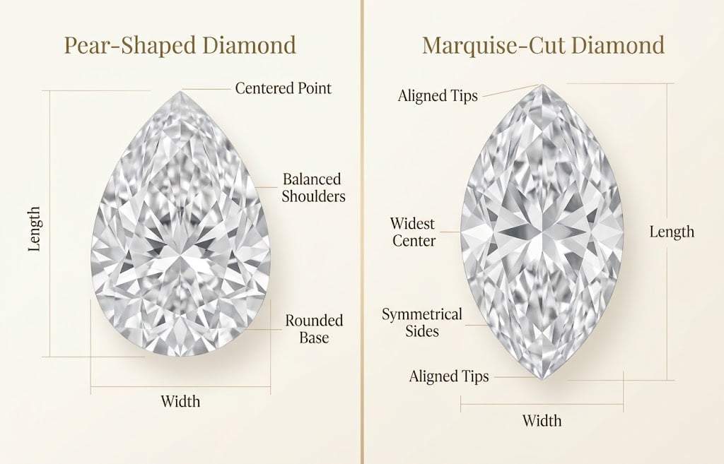 Anatomy comparison of pear-shaped and marquise-cut diamonds showing their outlines and symmetry