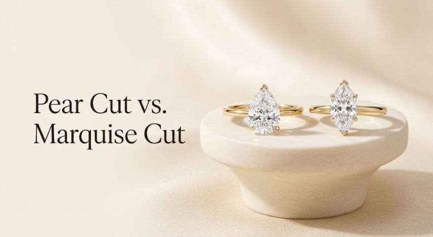 Pear Cut vs. Marquise Cut: Which Elongated Shape is More Flattering? Pear-shaped and marquise-cut diamond engagement rings displayed side by side