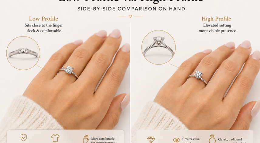 Low-Profile Engagement Rings vs. High-Profile Settings: Comfort, Brilliance, and Everyday Wear Low-Profile Engagement Rings vs. High-Profile Settings: Comfort, Brilliance, and Everyday Wear