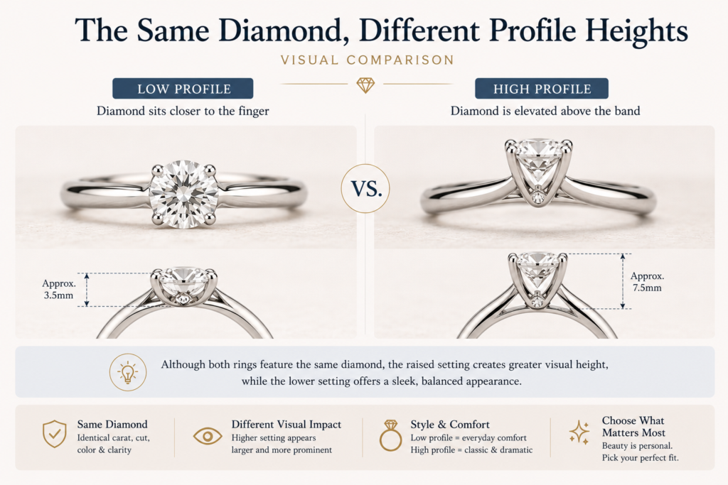 Low-Profile Engagement Rings vs. High-Profile Settings: Comfort, Brilliance, and Everyday Wear