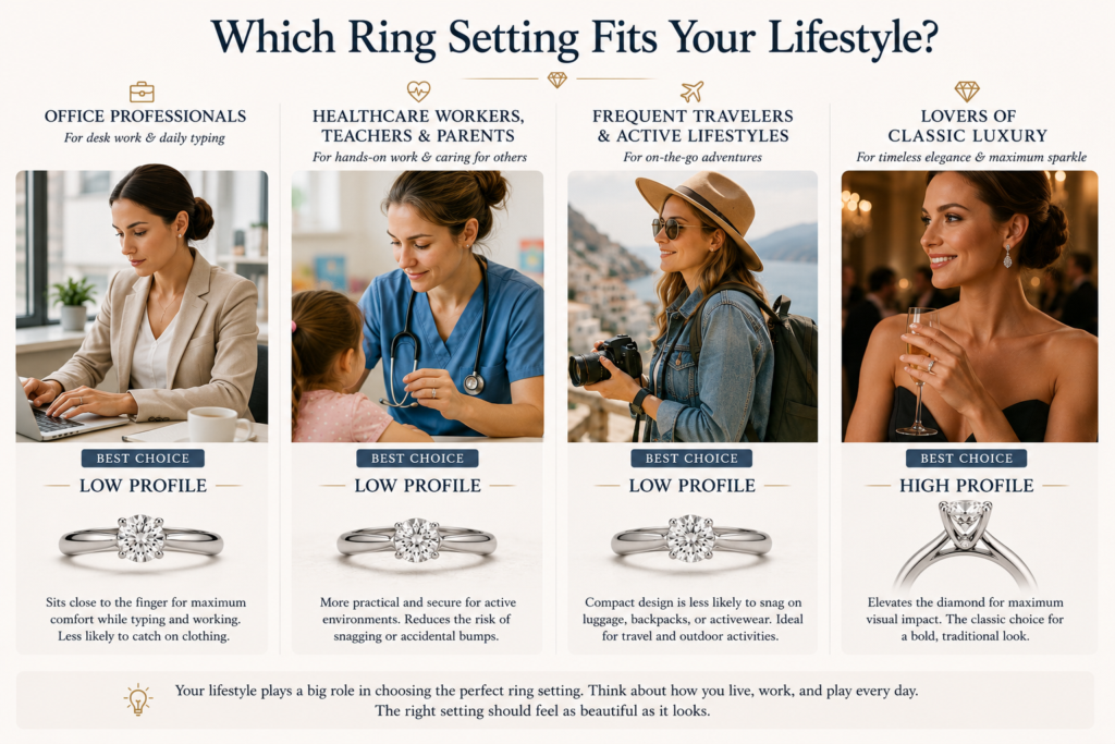 Low-Profile Engagement Rings vs. High-Profile Settings: Comfort, Brilliance, and Everyday Wear