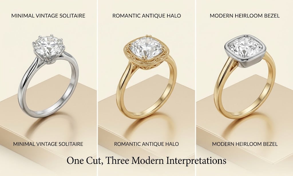 Old Mine and Old European antique diamond cuts styled in solitaire, halo, and modern bezel engagement rings