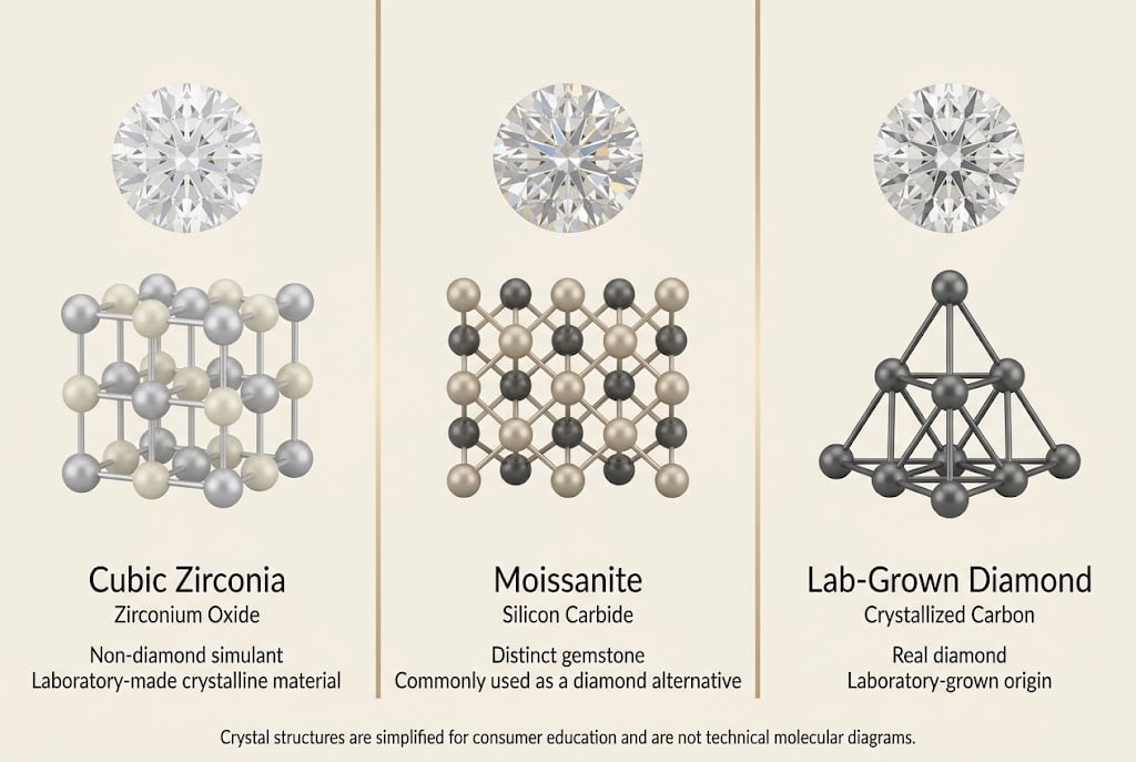 Composition of cubic zirconia, moissanite, and lab-grown diamond