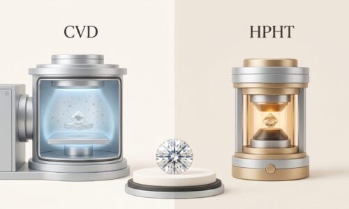 CVD and HPHT laboratory-grown diamond growth methods shown leading to a finished diamond