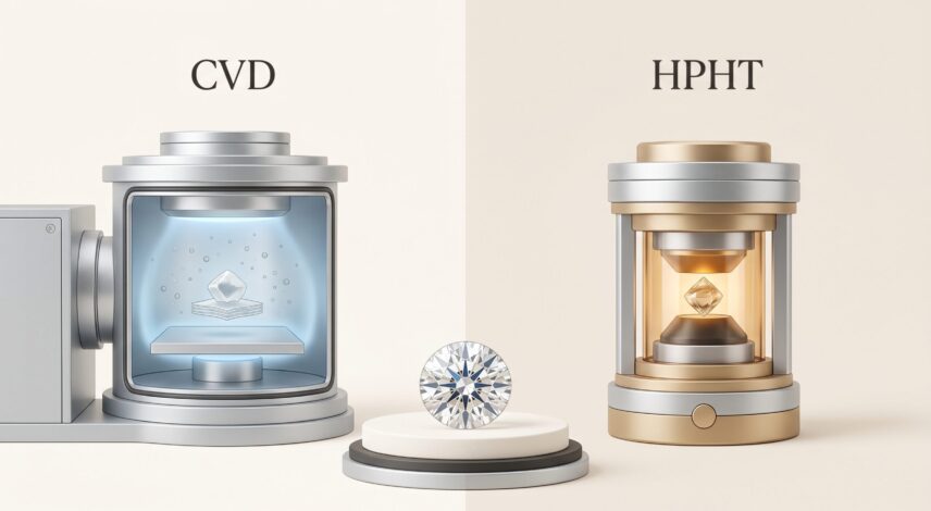 CVD and HPHT laboratory-grown diamond growth methods shown leading to a finished diamond