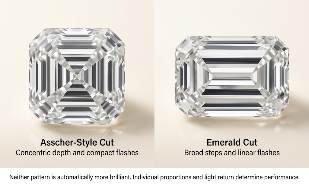 Light-pattern comparison between Asscher-style and emerald-cut diamonds