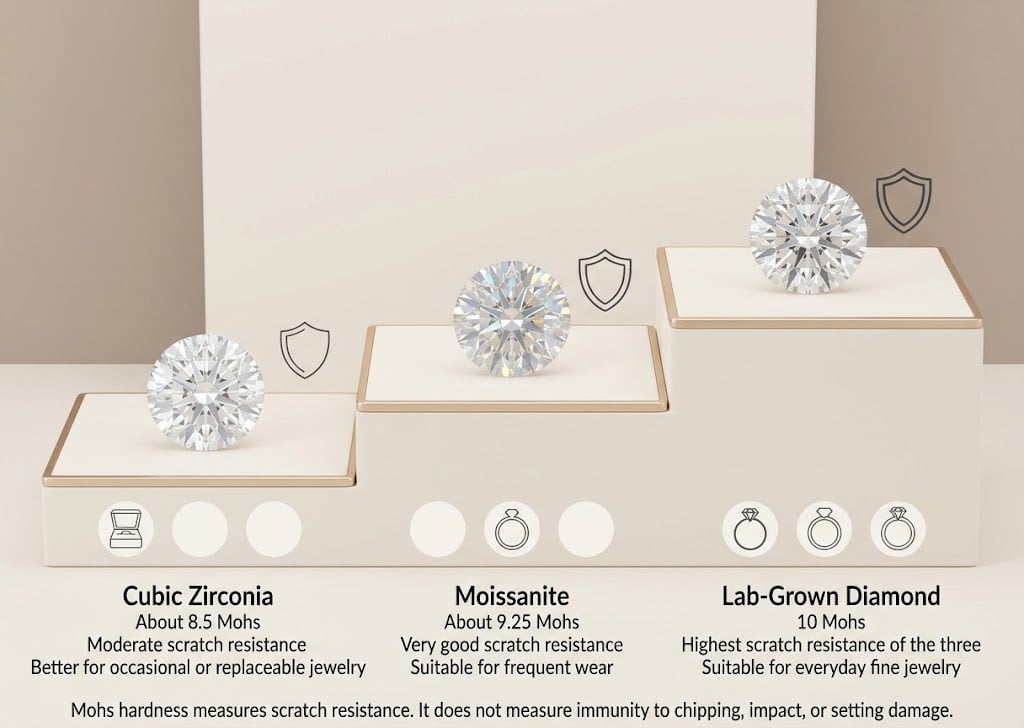 Mohs hardness and everyday-wear comparison of CZ, moissanite, and lab-grown diamond