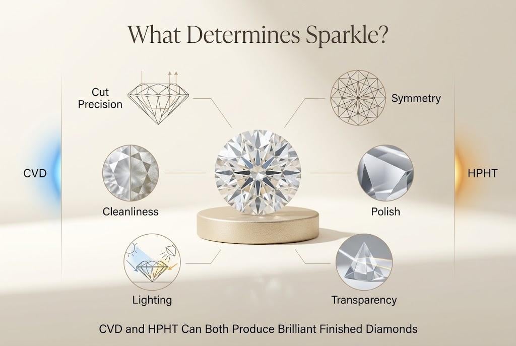 Factors that influence sparkle in CVD and HPHT laboratory-grown diamonds