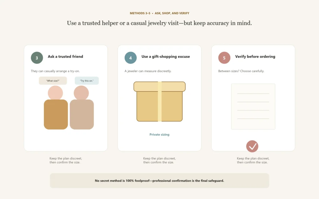 Three discreet ways to find a partner’s ring size using a friend, jeweler, and final verification