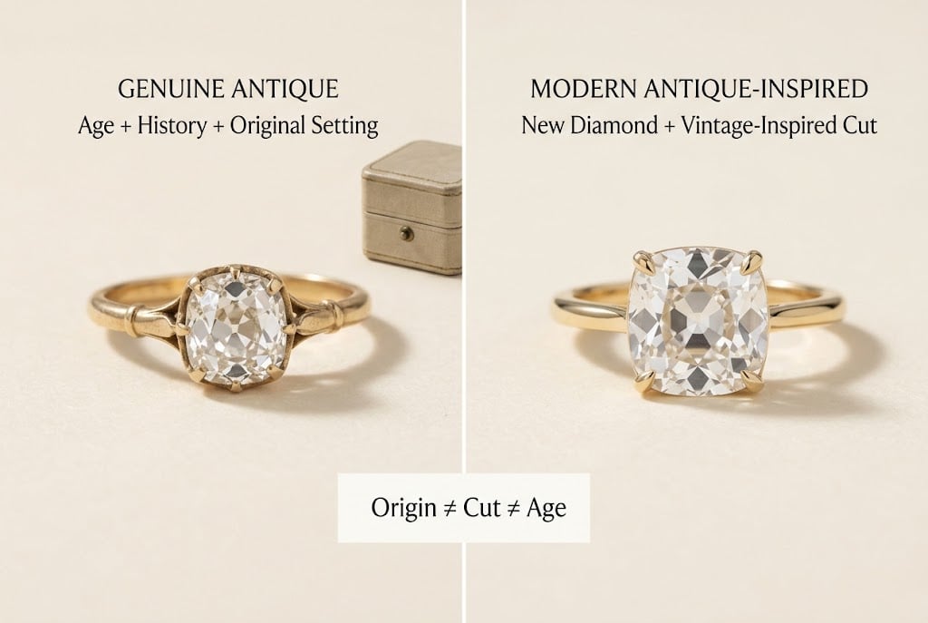 Genuine antique diamond ring compared with a modern old mine cut lab diamond engagement ring