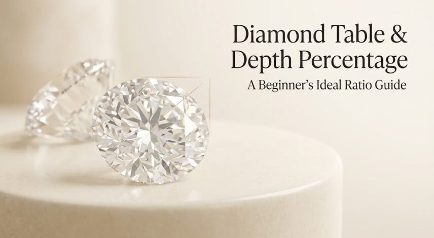 What is Diamond Table and Depth Percentage? A Beginner's Ideal Ratio Guide Round brilliant diamond shown from top and side to explain table and depth percentage.