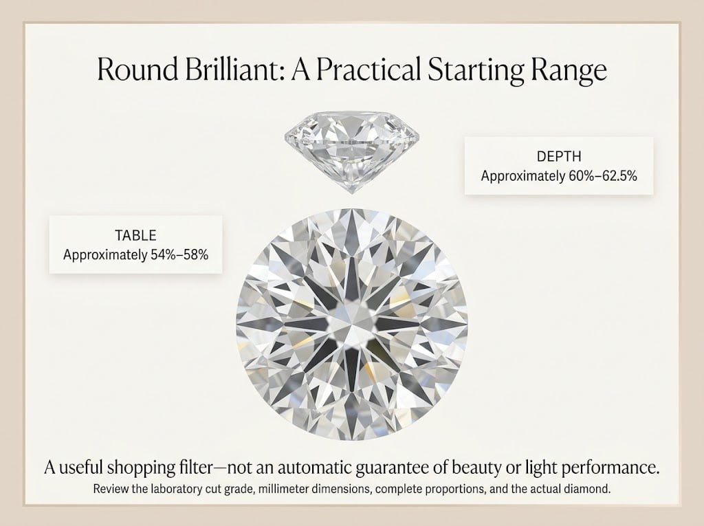 Round brilliant diamond with a practical 54 to 58 percent table and 60 to 62.5 percent depth guide.