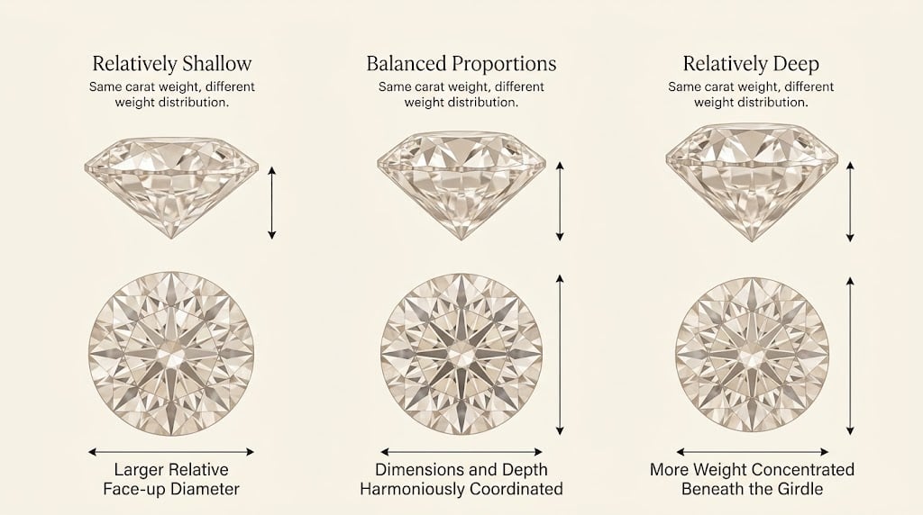Shallow, balanced, and deep round diamonds compared at the same carat weight.