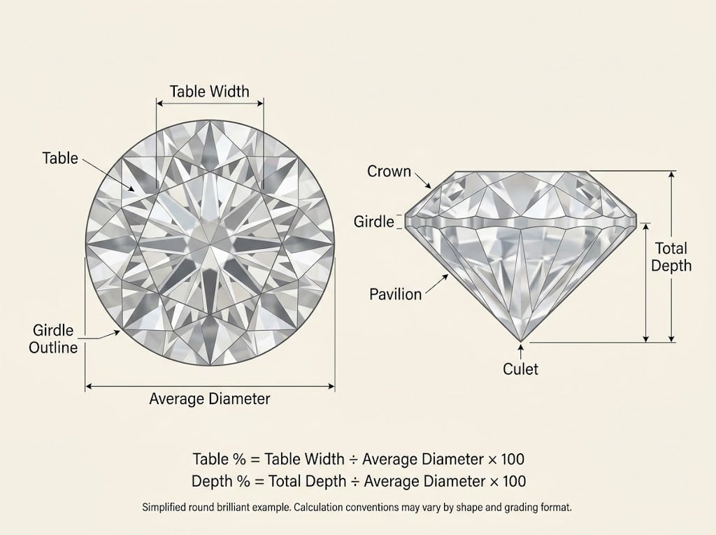 Diagram showing the table, crown, girdle, pavilion, culet, and total depth of a round diamond.