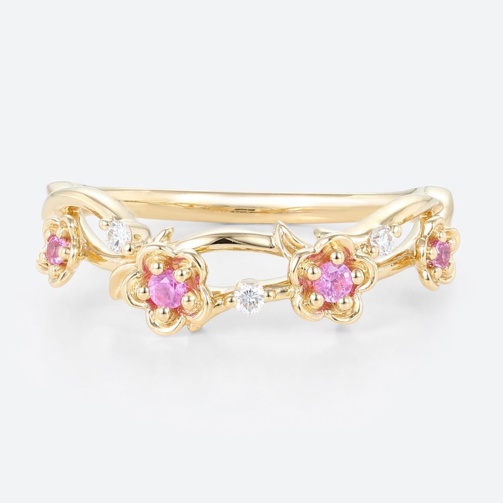 0.14ctw Round Cut Pink Sapphire Rings Flower Stackable Wedding Band in Yellow Gold