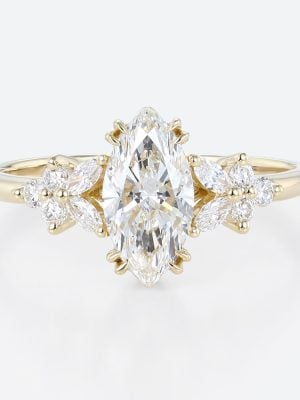 1ct Colorless VS+ Marquise Cut Lab Grown Diamond Petal Side Stones Double Claw Prong Engagement Ring in Yellow Gold (1) 1ct Colorless VS+ Marquise Cut Lab Grown Diamond Petal Side Stones Double Claw Prong Engagement Ring in Yellow Gold