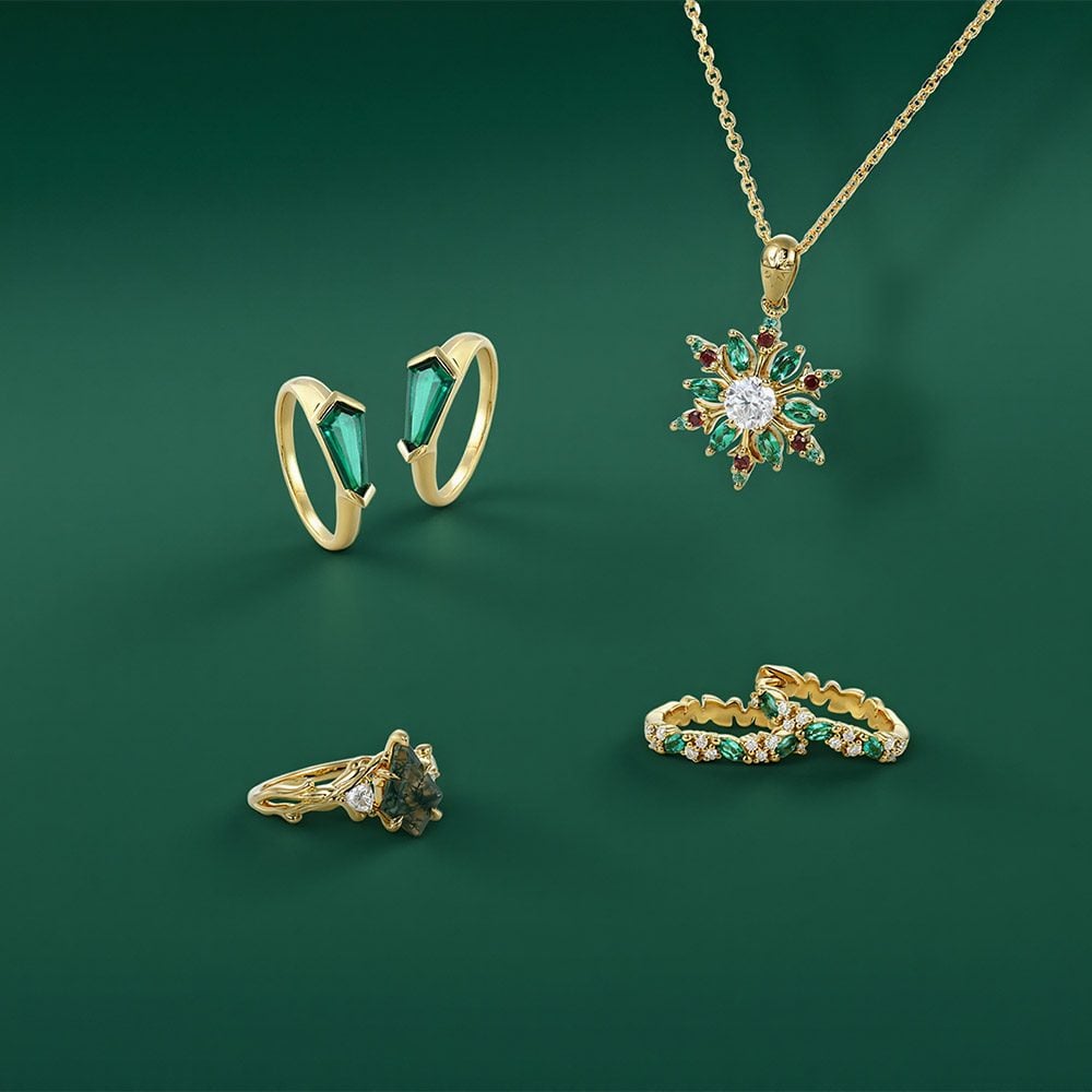 Emerald rings, huggies, moss agate ring and snow necklace.