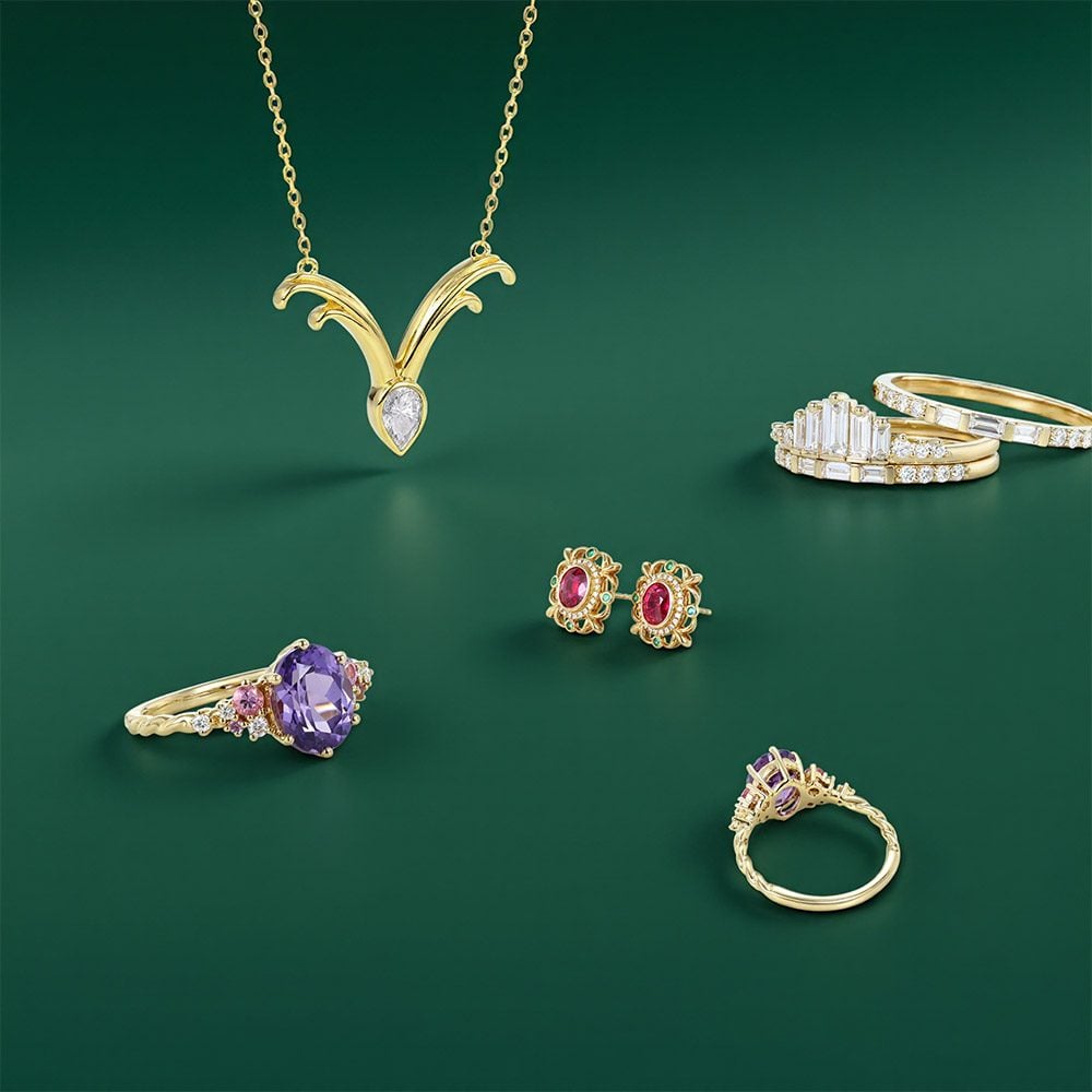 Lab grown diamond rings, necklace, ruby stud earrings and amethyst ring.