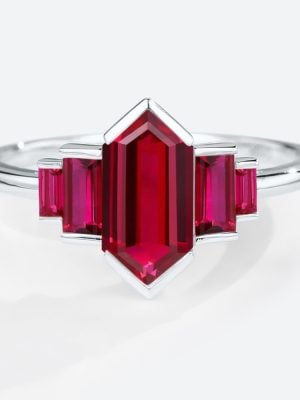Lab Made Ruby Rings Long Hexagon Cut Engagement Ring Simple in white gold