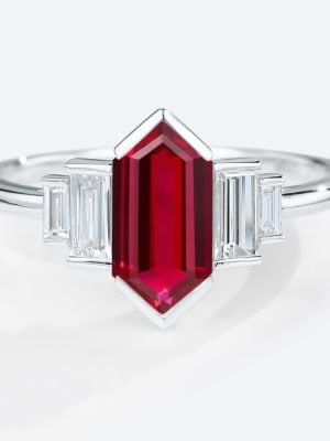 Lab Ruby Ring Unique Long Hexagon Cut Ruby Engagement Rings White Gold