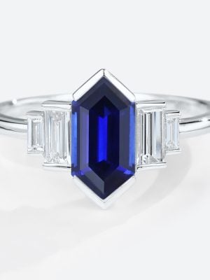 Long Hexagon Cut Lab Grown Sapphire with Moissanite Side Stone in white gold
