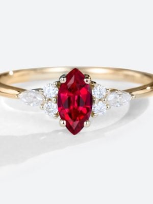 Lab Made Rubies Cluster Diamond Rings Vintage Style Engagement Rings in yellow gold