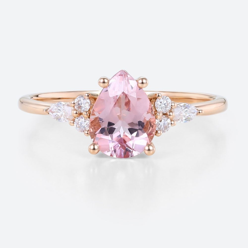 1ct Pear Morganite Engagement Ring Classic Cluster Bridal Rings in Rose Gold