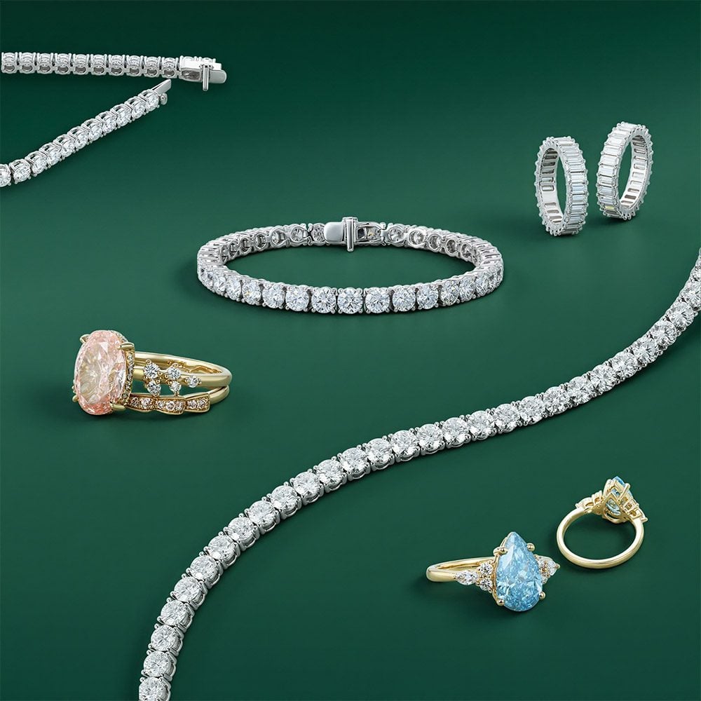 Tennis bracelets, lab colored diamond ring sets and full eternity bands.